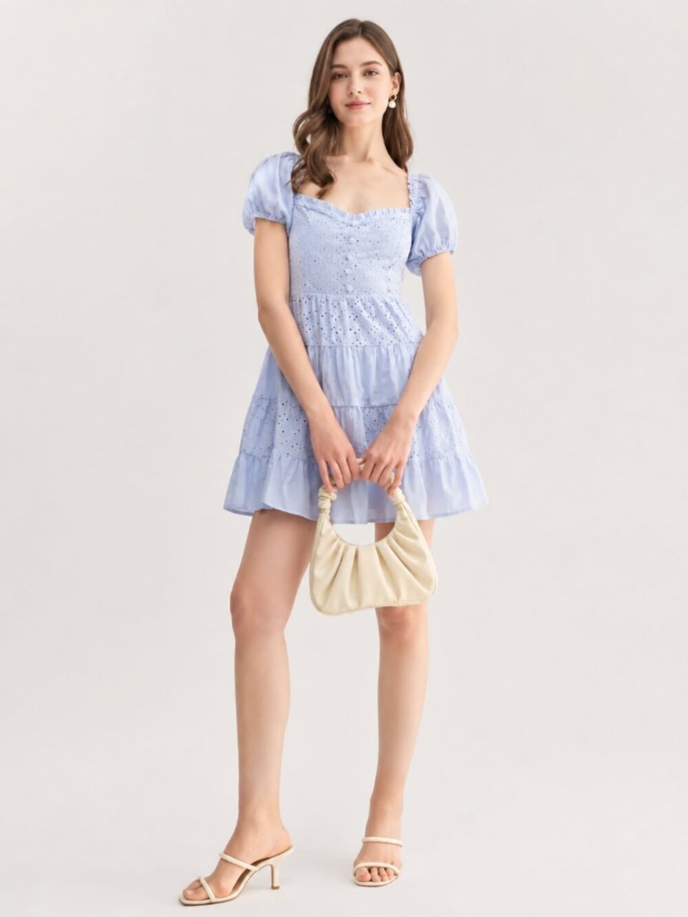 Eyelet Babydoll Mini Dress M Puff Sleeve Smocked Blue - Picture 2 of 12